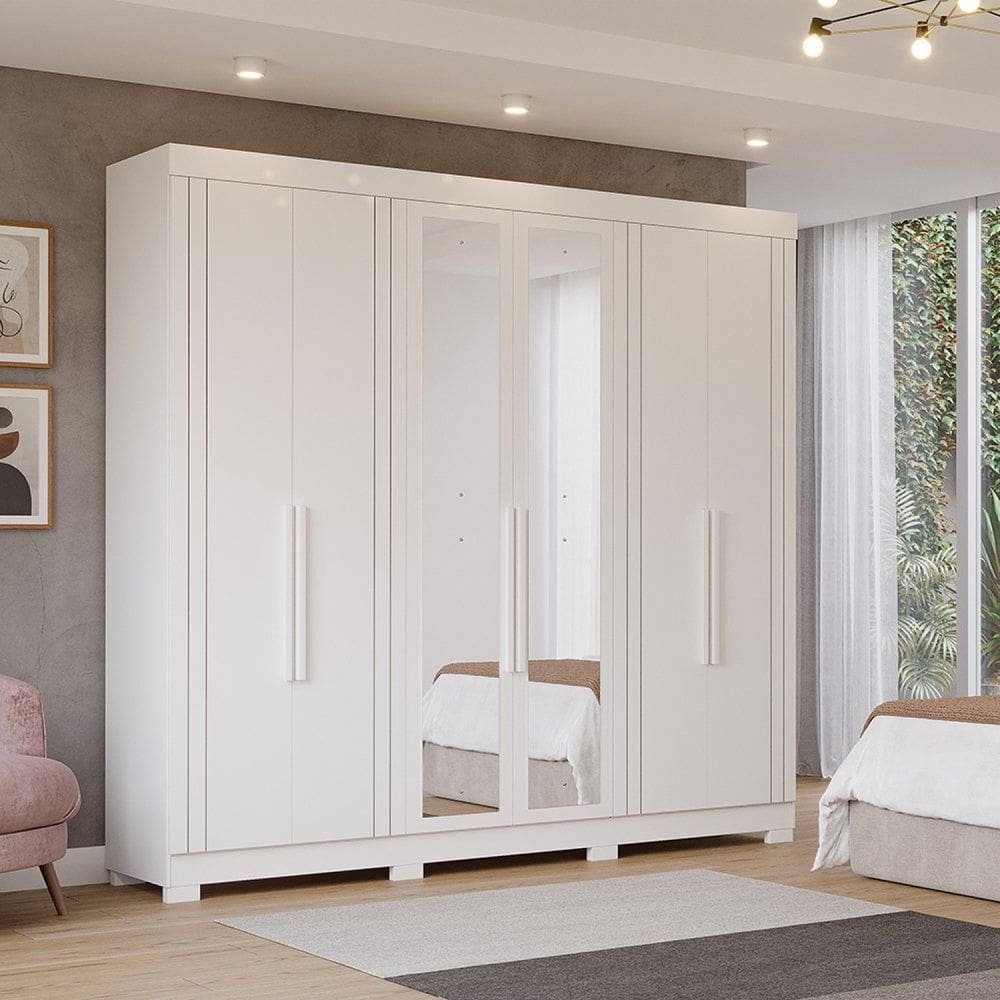 Guarda-roupa Casal 234,60cm 6 Portas com Espelho e 6 Gavetas 100% Mdf Boston Espresso Móveis Branco Brilho