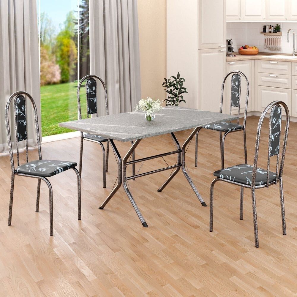 Conjunto Sala de Jantar Mesa Retangular 100x60cm Tampo Granito Topázio 4 Cadeiras Linda Yescasa Preto Floral/Prata
