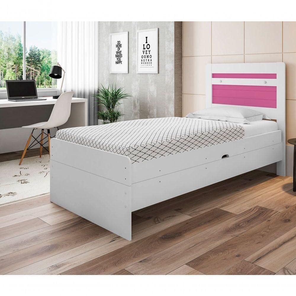Cama Baú Solteiro Larissa Branco E Rosa