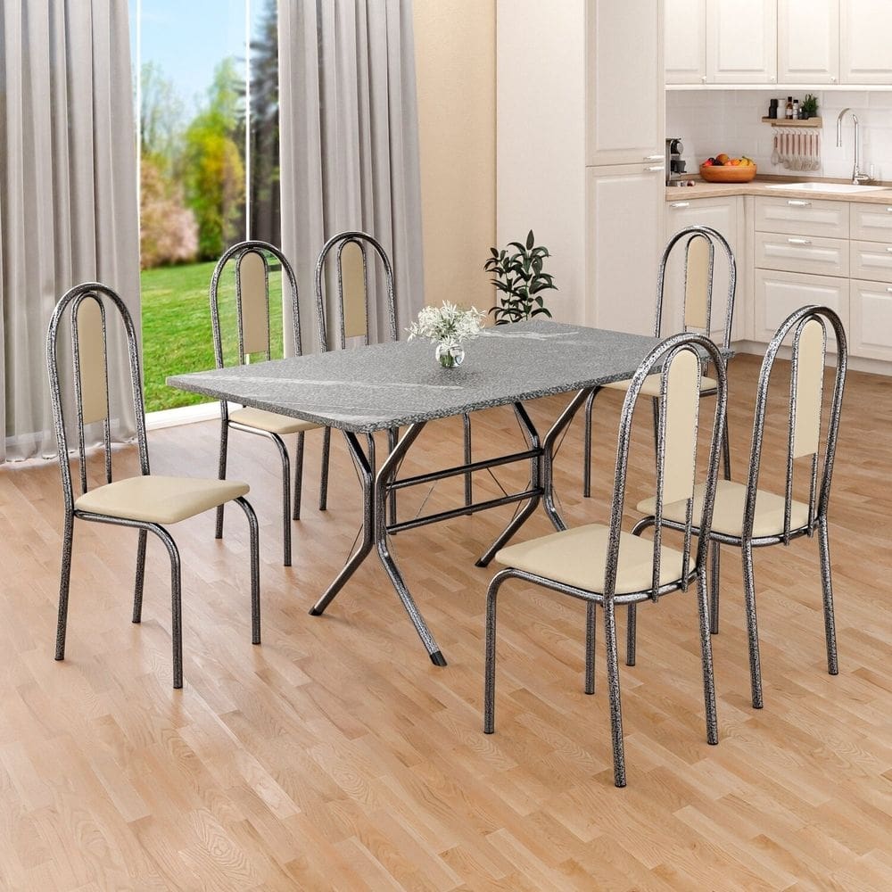 Conjunto Sala de Jantar Mesa Retangular 140x75cm Tampo Granito Topázio 6 Cadeiras Linda Yescasa Creme/Prata