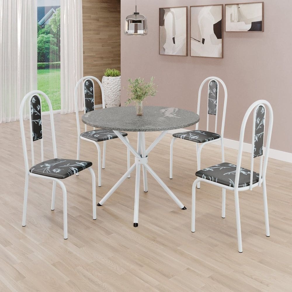 Conjunto Sala de Jantar Mesa Redonda 70cm Tampo Granito Topázio 4 Cadeiras Linda Yescasa Preto Floral/Branco