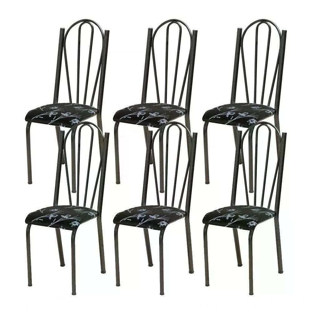 Kit 06 Cadeiras Tubular Cromo Preto 021 Assento Preto Florid