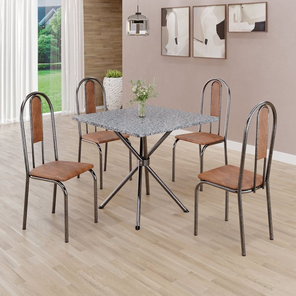 Conjunto Sala de Jantar Mesa Quadrada 75x75cm Tampo Granito Ocre 4 Cadeiras Linda Yescasa Marrom/Prata