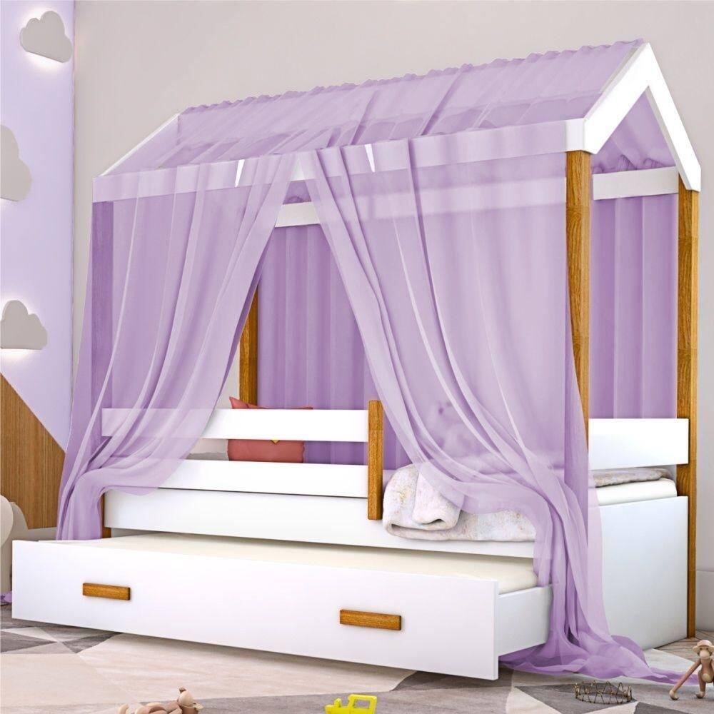 Cama Montessori Cabana Com Auxiliar Colchão E Dossel Lilás
