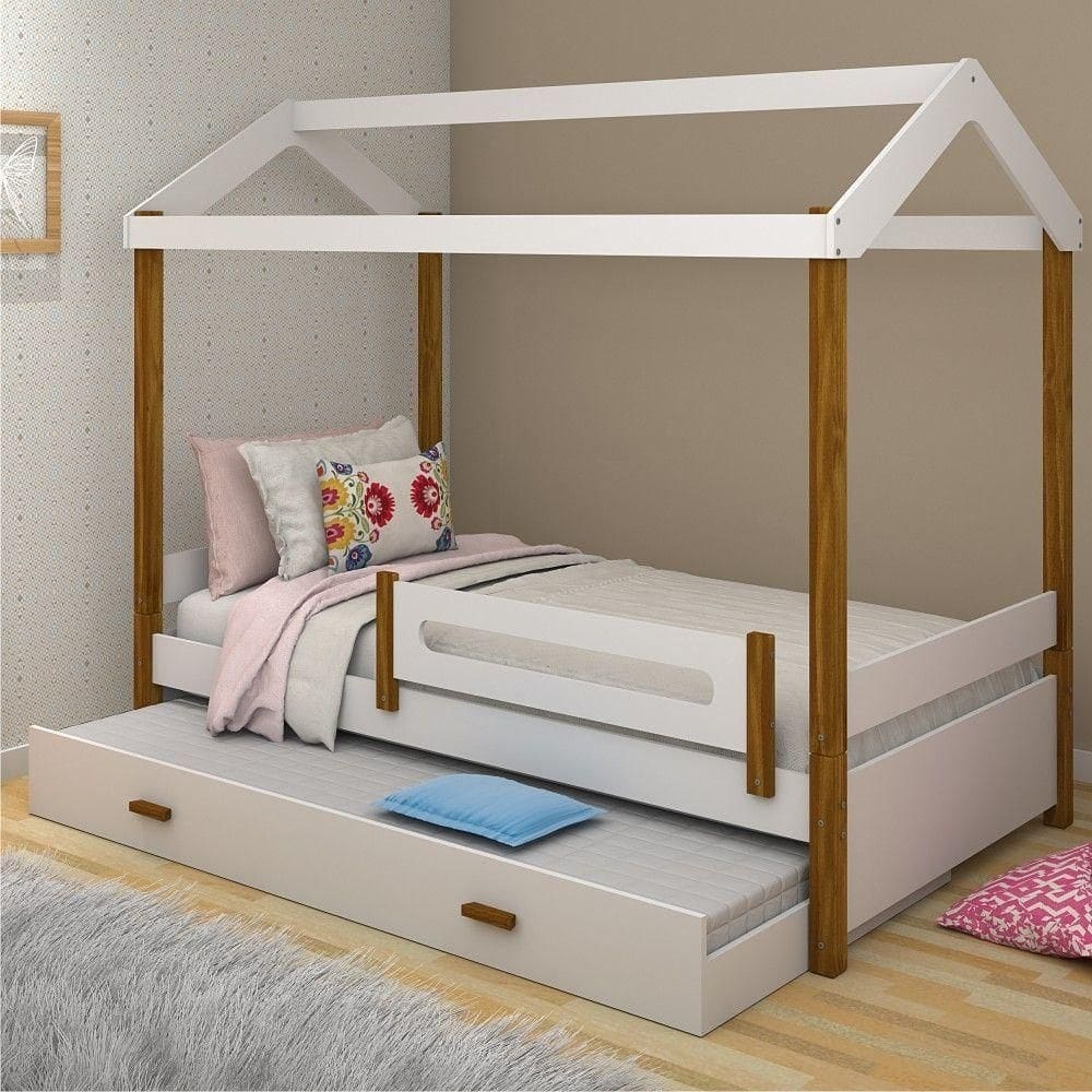 Cama Com Auxiliar Cabana Solteiro Branco E Mel Com Colchão