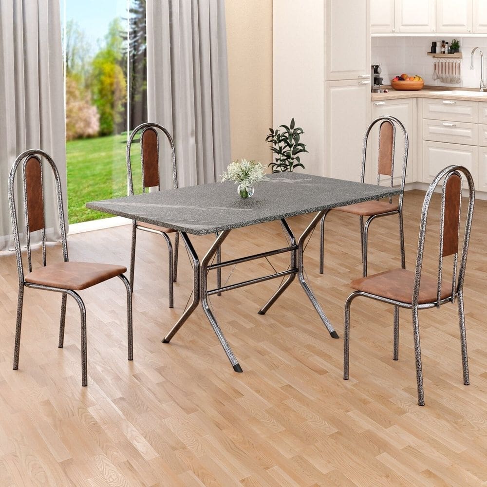 Conjunto Sala de Jantar Mesa Retangular 120x75cm Tampo Granito Topázio 4 Cadeiras Linda Yescasa Marrom/Prata
