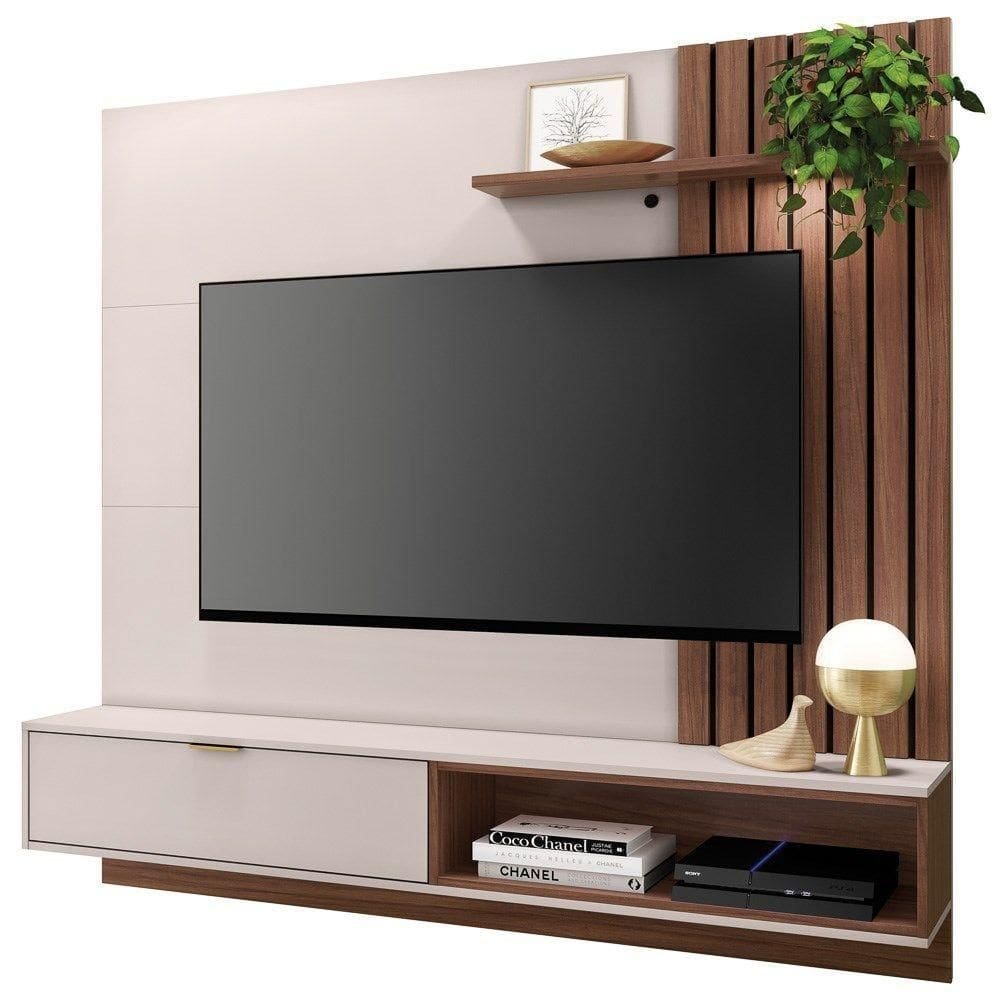 Painel Bancada Suspensa Para Tv Até 60`` 160Cm Ripado Palmas C05 Off White Nogueira