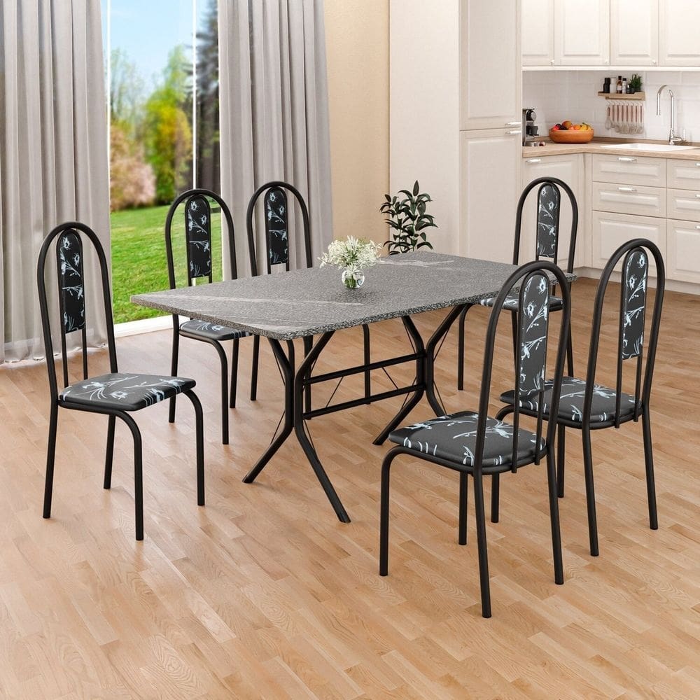 Conjunto Sala de Jantar Mesa Retangular 140x75cm Tampo Granito Topázio 6 Cadeiras Linda Yescasa Preto Floral/Preto Fosco