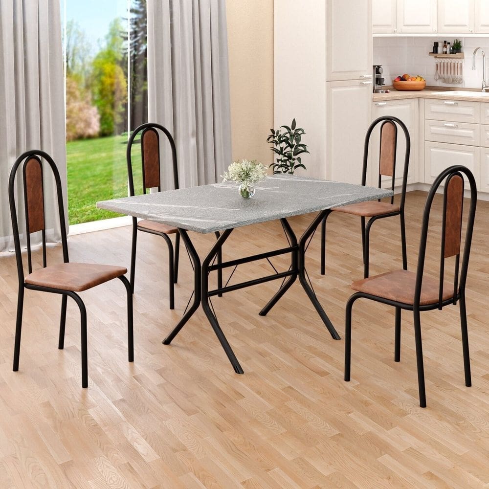Conjunto Sala de Jantar Mesa Retangular 100x60cm Tampo Granito Topázio 4 Cadeiras Linda Yescasa Marrom/Preto Fosco