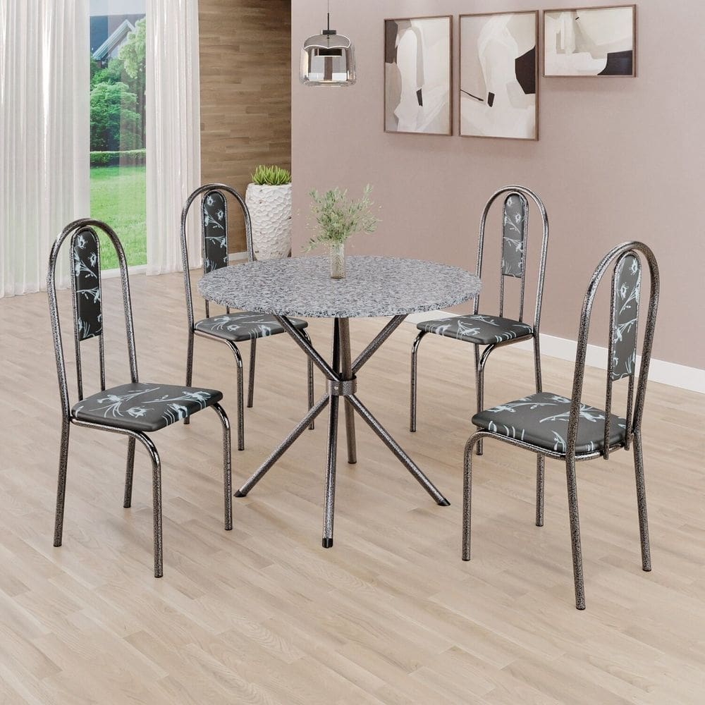 Conjunto Sala de Jantar Mesa Redonda 75cm Tampo Granito Ocre 4 Cadeiras Linda Yescasa Preto Floral/Prata