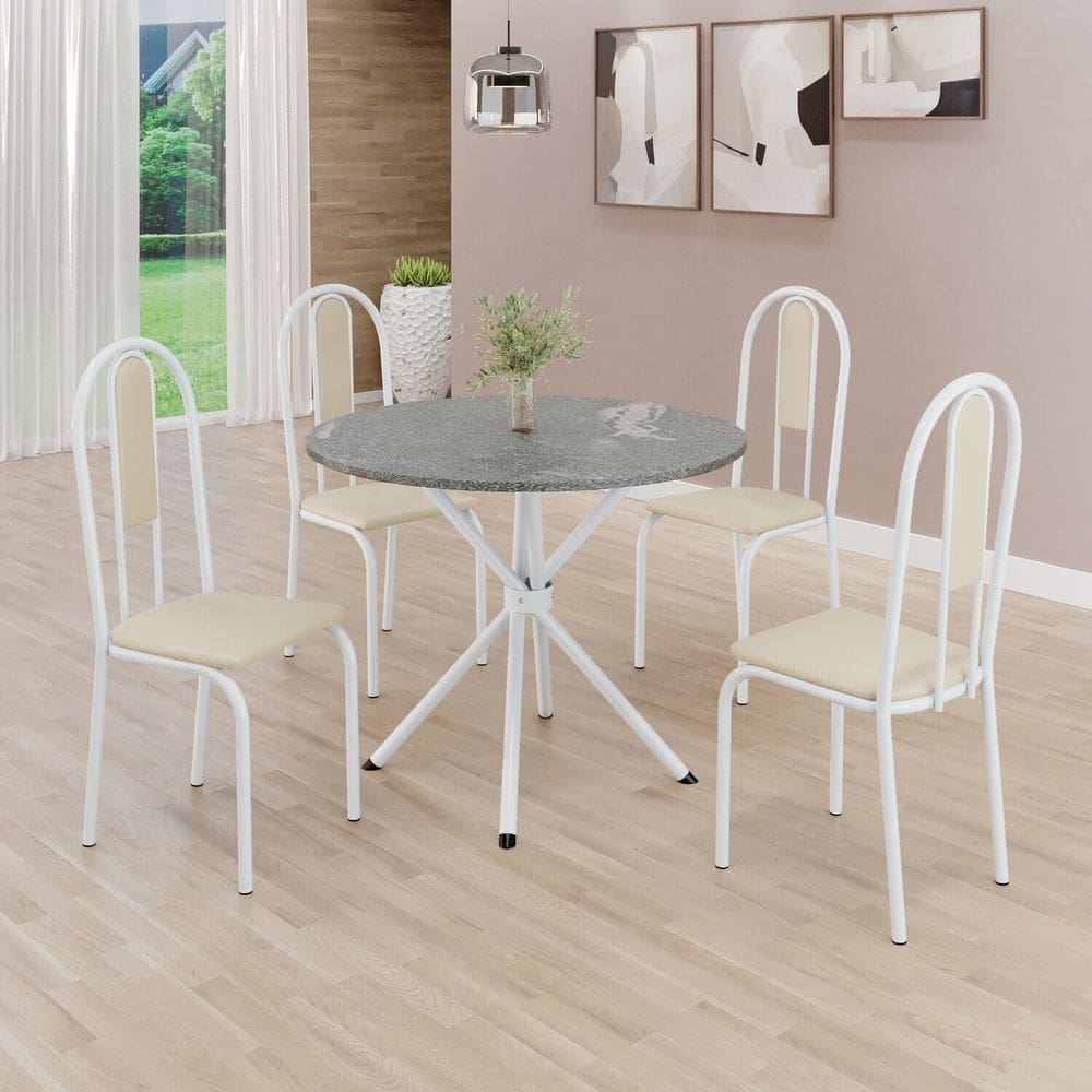 Conjunto Sala de Jantar Mesa Redonda 70cm Tampo Granito Topázio 4 Cadeiras Linda Yescasa Creme/Branco
