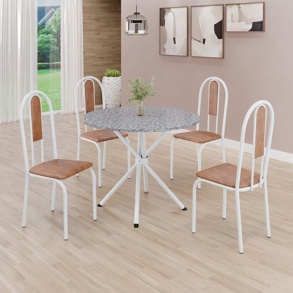 Conjunto Sala de Jantar Mesa Redonda 75cm Tampo Granito Ocre 4 Cadeiras Linda Yescasa Marrom/Branco