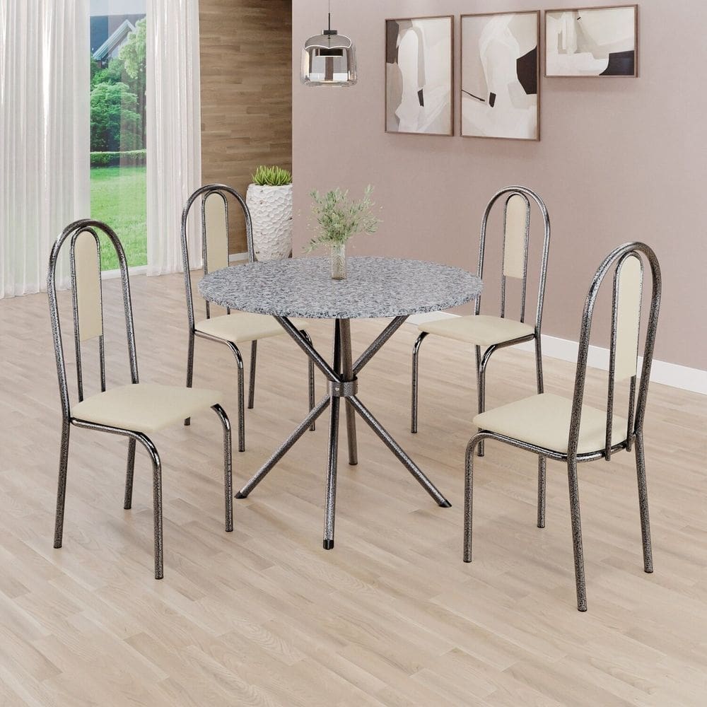 Conjunto Sala de Jantar Mesa Redonda 75cm Tampo Granito Ocre 4 Cadeiras Linda Yescasa Creme/Prata