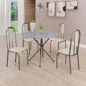 Conjunto Sala de Jantar Mesa Redonda 75cm Tampo Granito Ocre 4 Cadeiras Linda Yescasa Creme/Prata