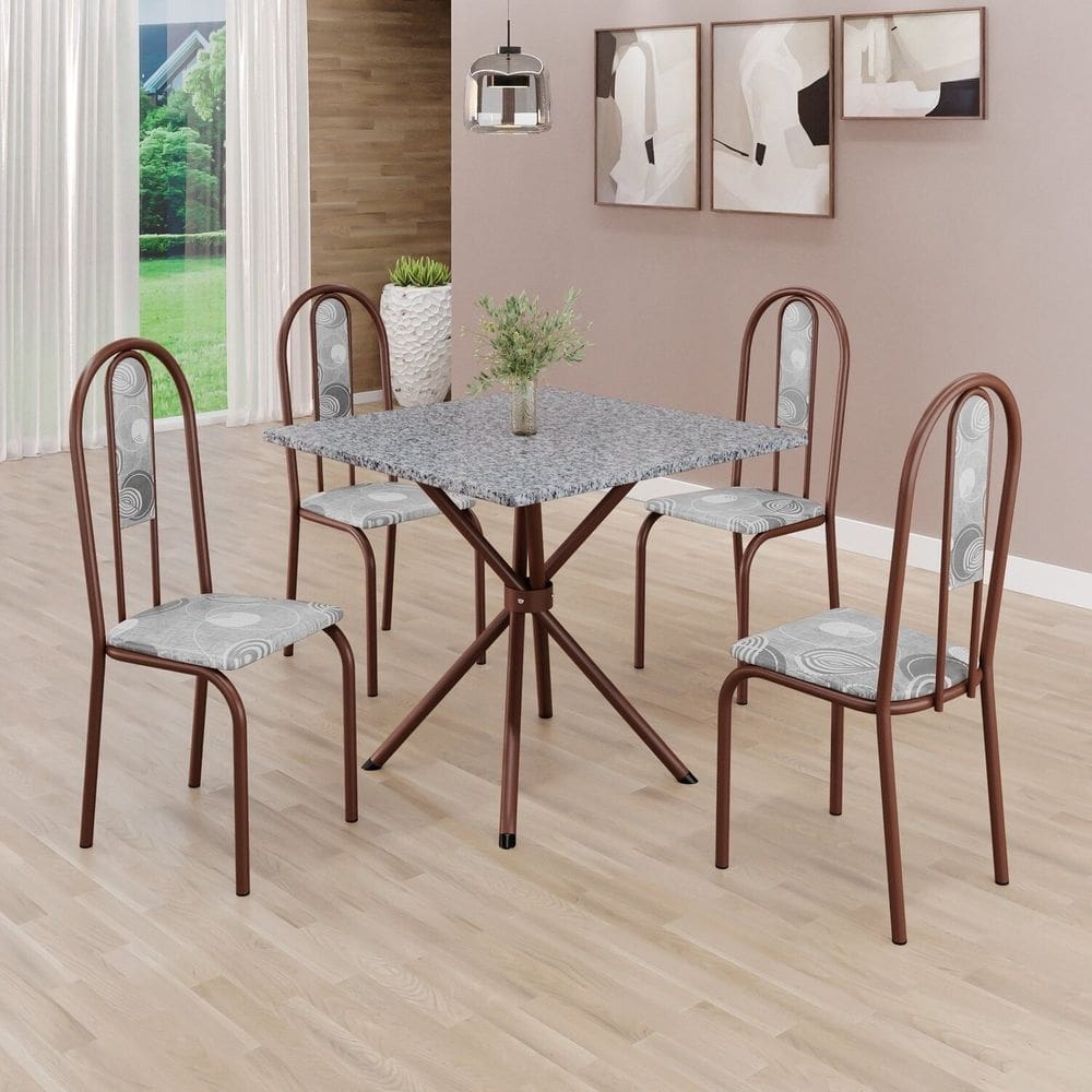 Conjunto Sala de Jantar Mesa Quadrada 75x75cm Tampo Granito Ocre 4 Cadeiras Linda Yescasa Paraopeba/Marrom