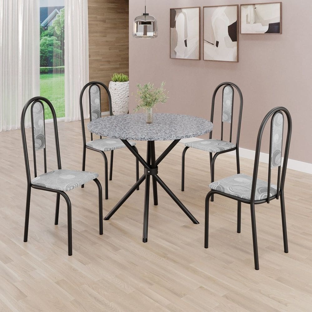 Conjunto Sala de Jantar Mesa Redonda 75cm Tampo Granito Ocre 4 Cadeiras Linda Yescasa Paraopeba/ Preto Fosco