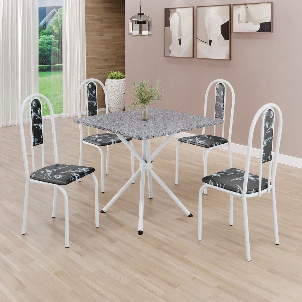 Conjunto Sala de Jantar Mesa Quadrada 75x75cm Tampo Granito Ocre 4 Cadeiras Linda Yescasa Preto Floral/Branco