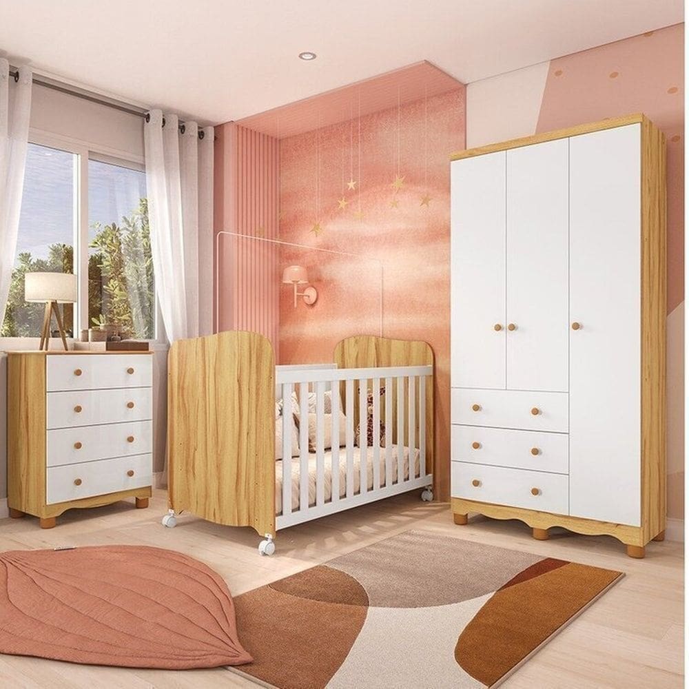 Quarto de Bebê Completo com Berço Guarda Roupa 3 Portas e Cômoda 100% Mdf Mimo Espresso Móveis Branco Brilho/Amêndoa