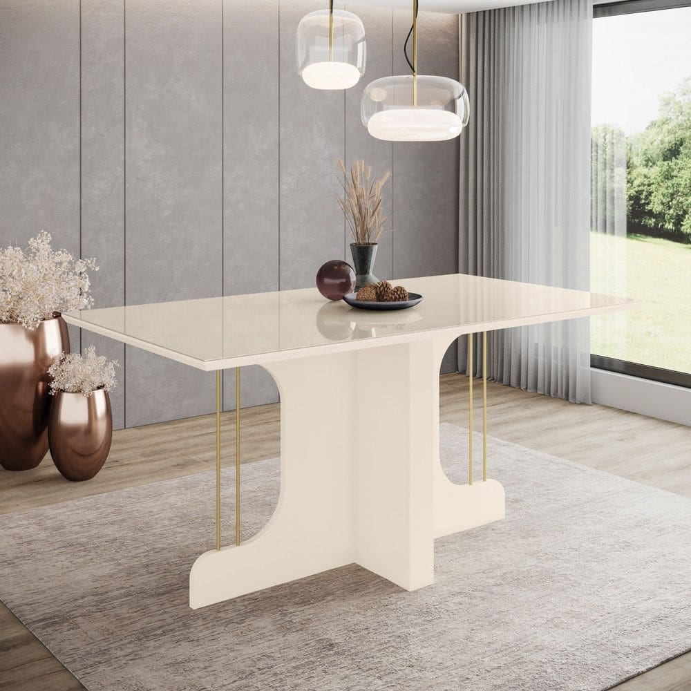 Mesa de Jantar 8 Lugares 1,5m Tampo MDF e Vidro Canto Arredondado Mavi Henn