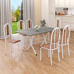 Conjunto Sala de Jantar Mesa Retangular 140x75cm Tampo Granito Topázio 6 Cadeiras Linda Yescasa Marrom/Branco