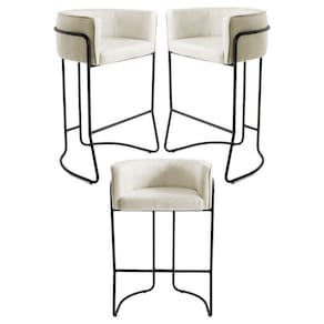 Kit 3 Banquetas Decorativas Base Aço Preto Betina C-107 Linho Bege - Domi