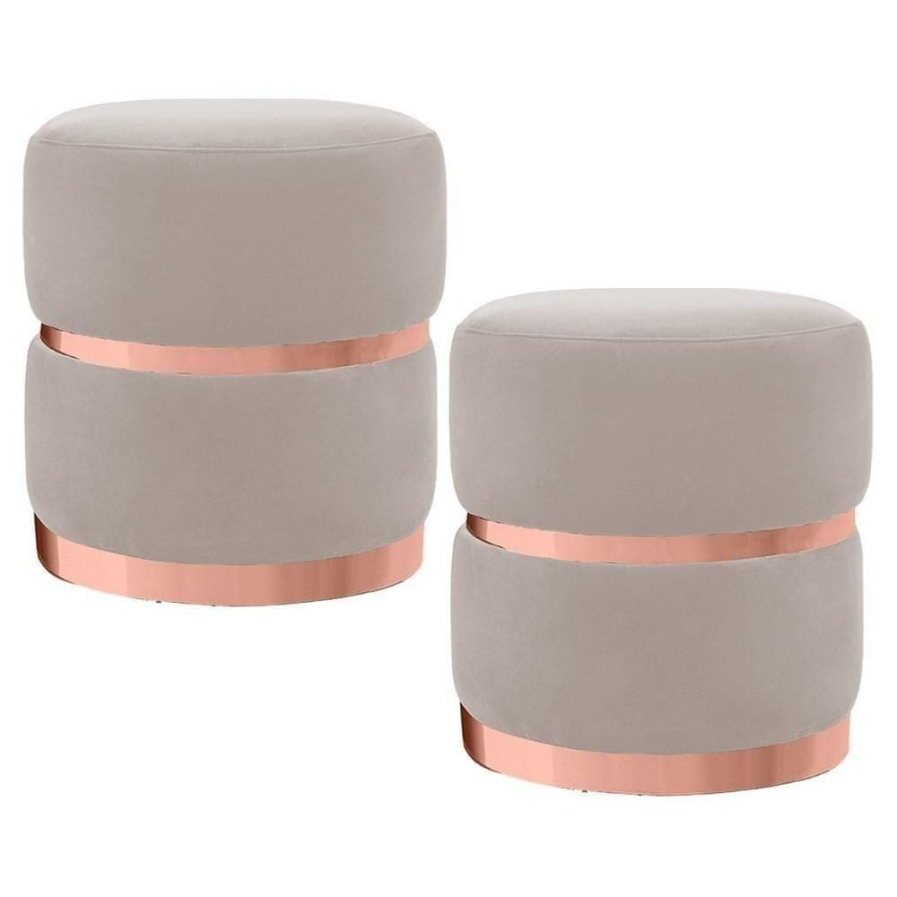 Kit 2 Puffs Decorativos Cinto E Aro Rosê Round B-309 Veludo Bege Claro - Domi