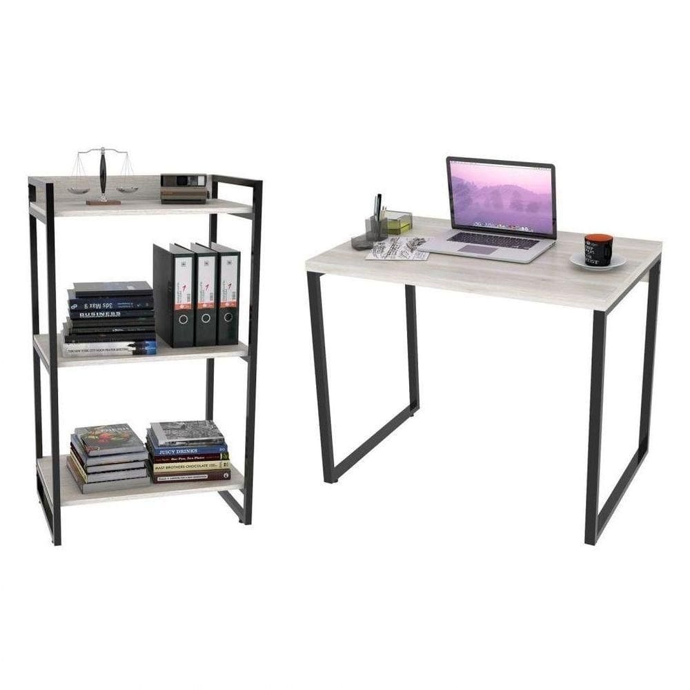 Conjunto Escritório Mesa 90cm E Estante 3 Prateleiras Snow