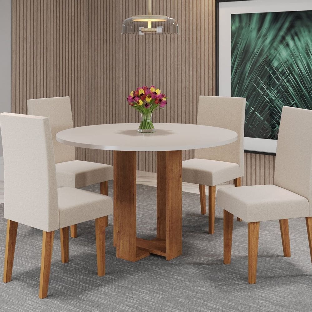Mesa de Jantar Chiara Redonda 90x90cm com 4 Cadeiras Venus Mel/Blonde/Bronze