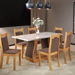 Mesa de Jantar Retangular Anne 160x80cm com 6 Cadeiras Dalas Mel/Off White/Bombom