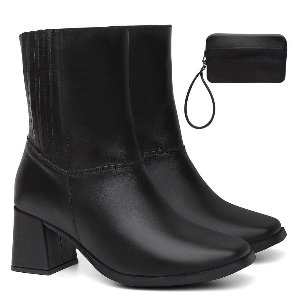 Bota Feminina Cano Curto Couro Casual Zíper + Carteira Kit