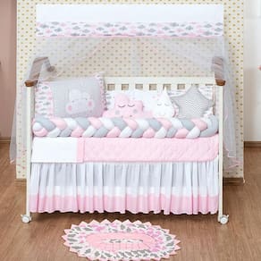 Kit quarto do bebe nuvem 13 peças tapete e kit berço rosa