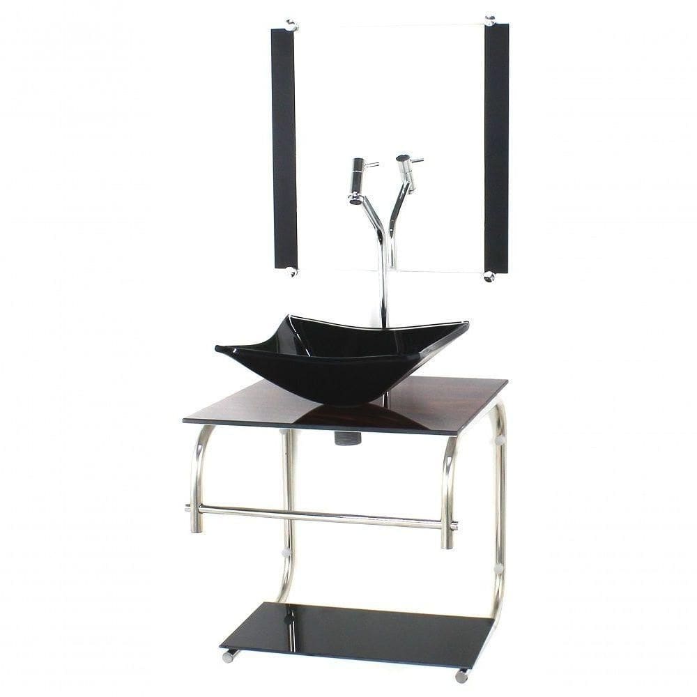 Gabinete De Vidro Para Banheiro 40cm Inox Cuba Quadrada Com Sifao E Torneira Metal Cor:madeira Nogueira