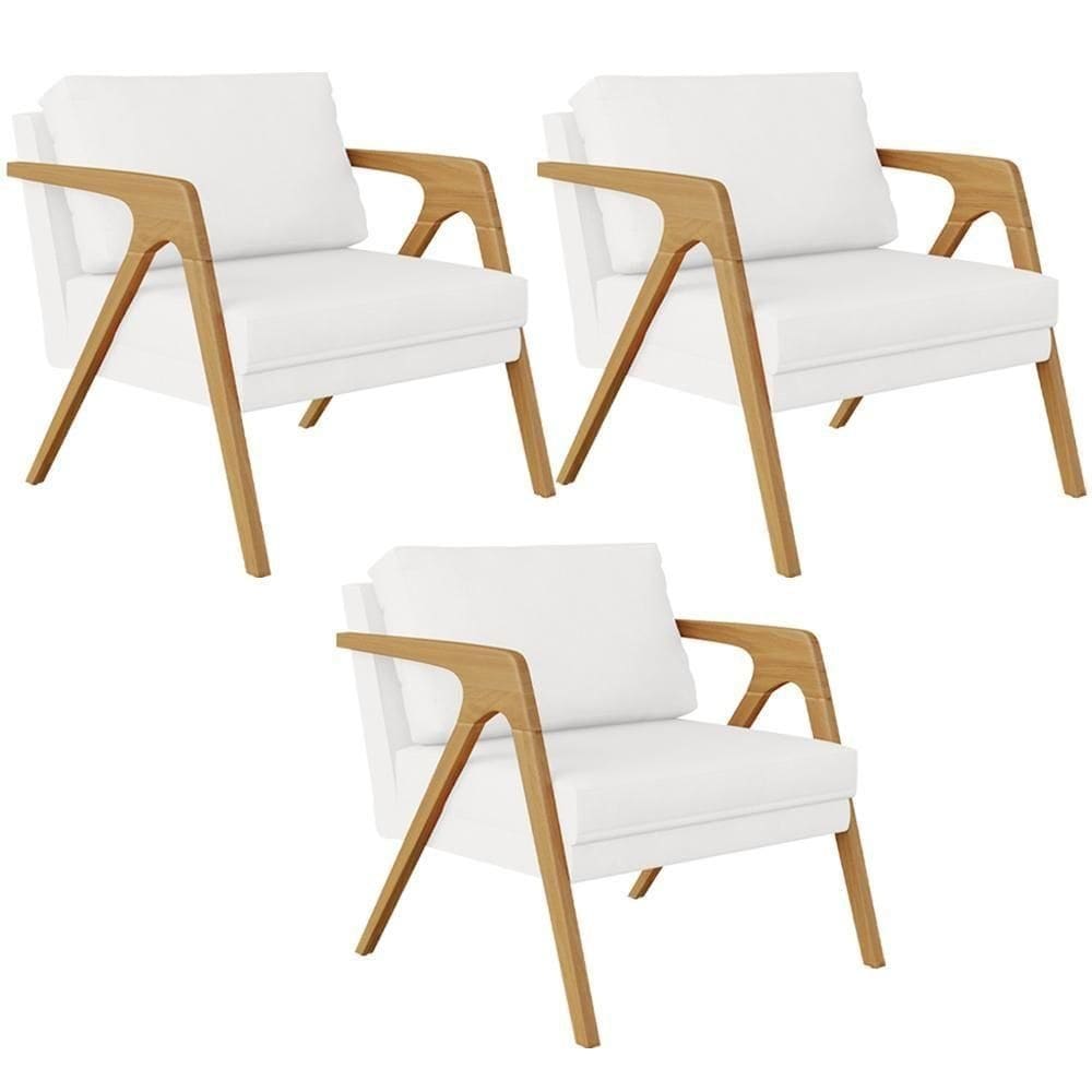Kit 03 Poltrona Pietra Estrutura De Madeira Corano Branco