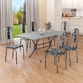 Conjunto Sala de Jantar Mesa Retangular 140x75cm Tampo Granito Topázio 6 Cadeiras Linda Yescasa Preto Floral/Prata