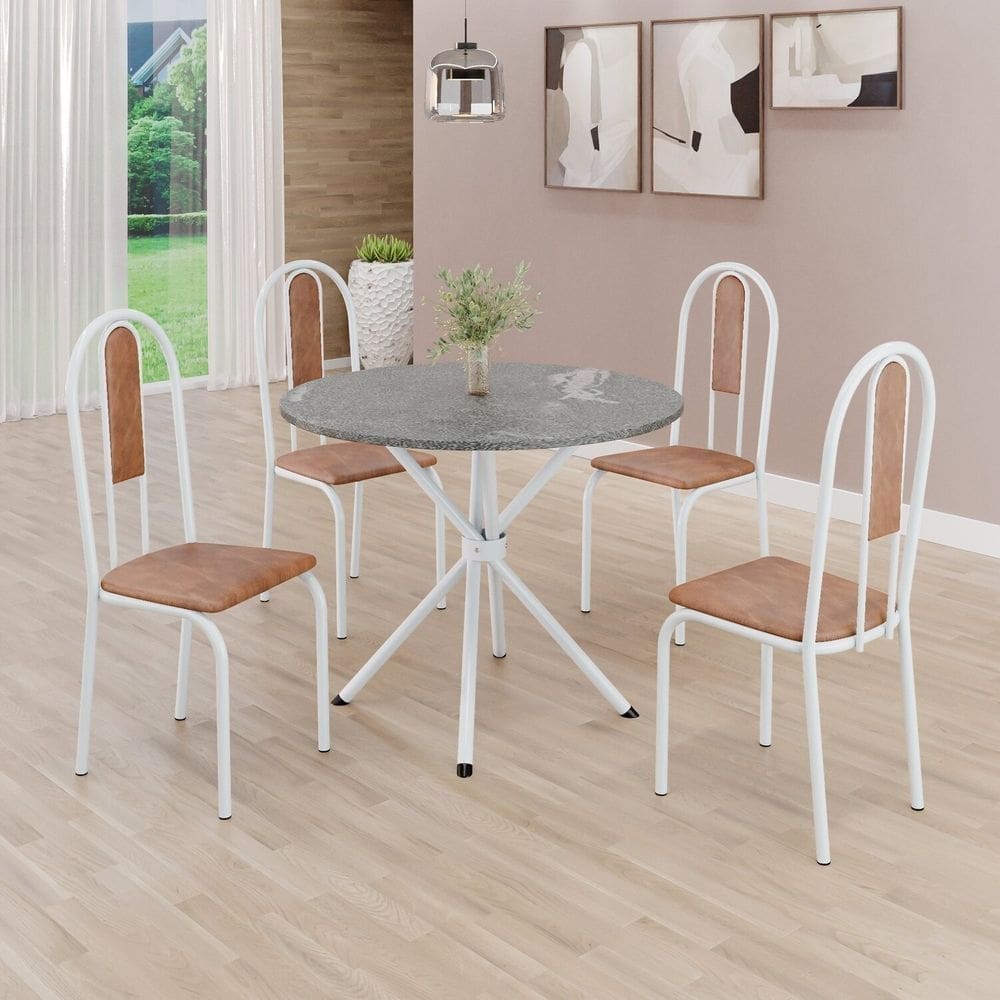 Conjunto Sala de Jantar Mesa Redonda 70cm Tampo Granito Topázio 4 Cadeiras Linda Yescasa Marrom/Branco