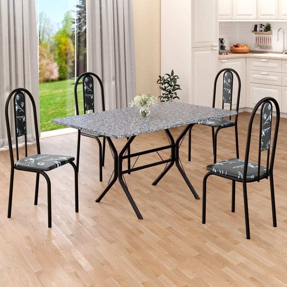 Conjunto Sala de Jantar Mesa Retangular 120x75cm Tampo Granito Ocre 4 Cadeiras Linda Yescasa Preto Floral/Preto Fosco