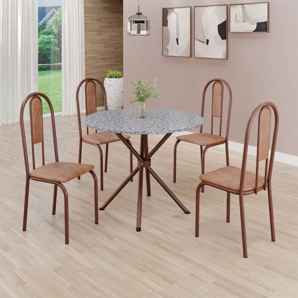 Conjunto Sala de Jantar Mesa Redonda 75cm Tampo Granito Ocre 4 Cadeiras Linda Yescasa Marrom