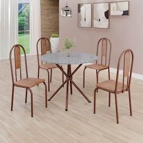 Conjunto Sala de Jantar Mesa Redonda 75cm Tampo Granito Ocre 4 Cadeiras Linda Yescasa Marrom
