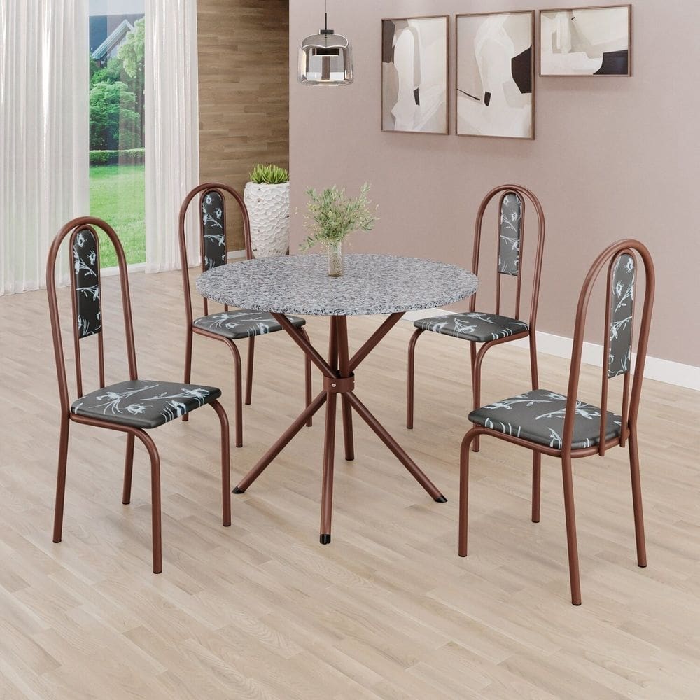 Conjunto Sala de Jantar Mesa Redonda 75cm Tampo Granito Ocre 4 Cadeiras Linda Yescasa Preto Floral/Marrom