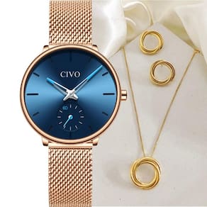 Relógio feminino dourado e colar e brincos ouro 18k