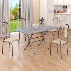 Conjunto Sala de Jantar Mesa Retangular 120x75cm Tampo Granito Ocre 4 Cadeiras Linda Yescasa Creme/Prata