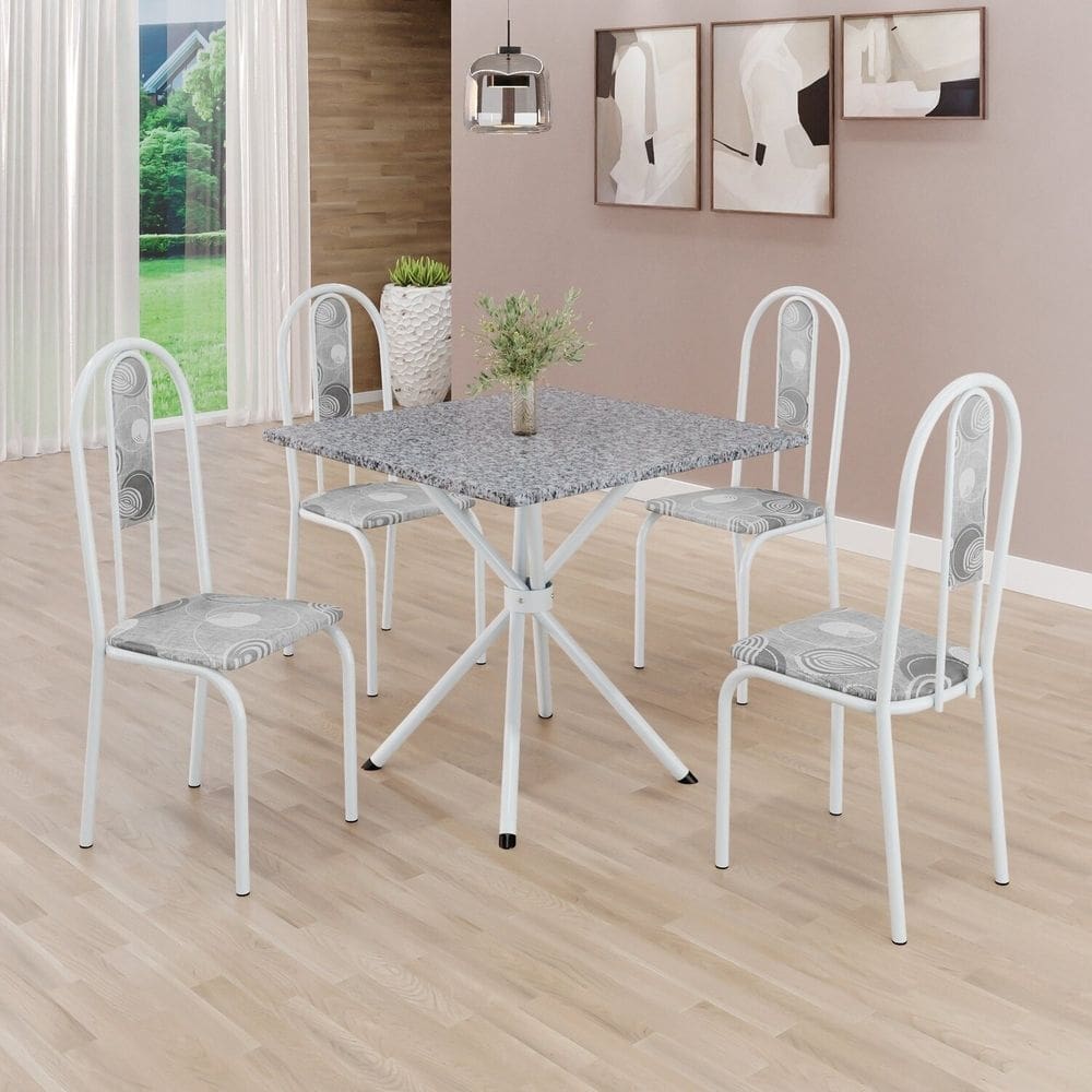 Conjunto Sala de Jantar Mesa Quadrada 75x75cm Tampo Granito Ocre 4 Cadeiras Linda Yescasa Paraopeba/Branco