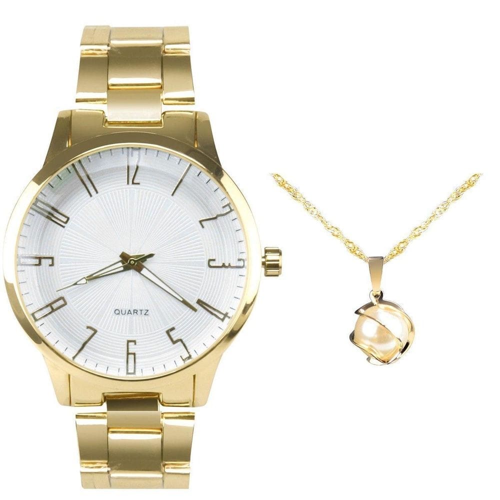 Relogio feminino dourado aço prova dagua + colar ponto luz
