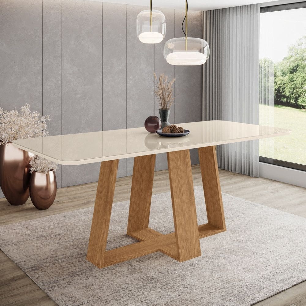 Mesa de Jantar 8 Lugares 2m Tampo MDF e Vidro Canto Arredondado Lins Henn