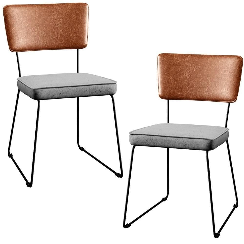 Kit 02 Cadeira Estofada Sala Jantar Camel Linho Cinza