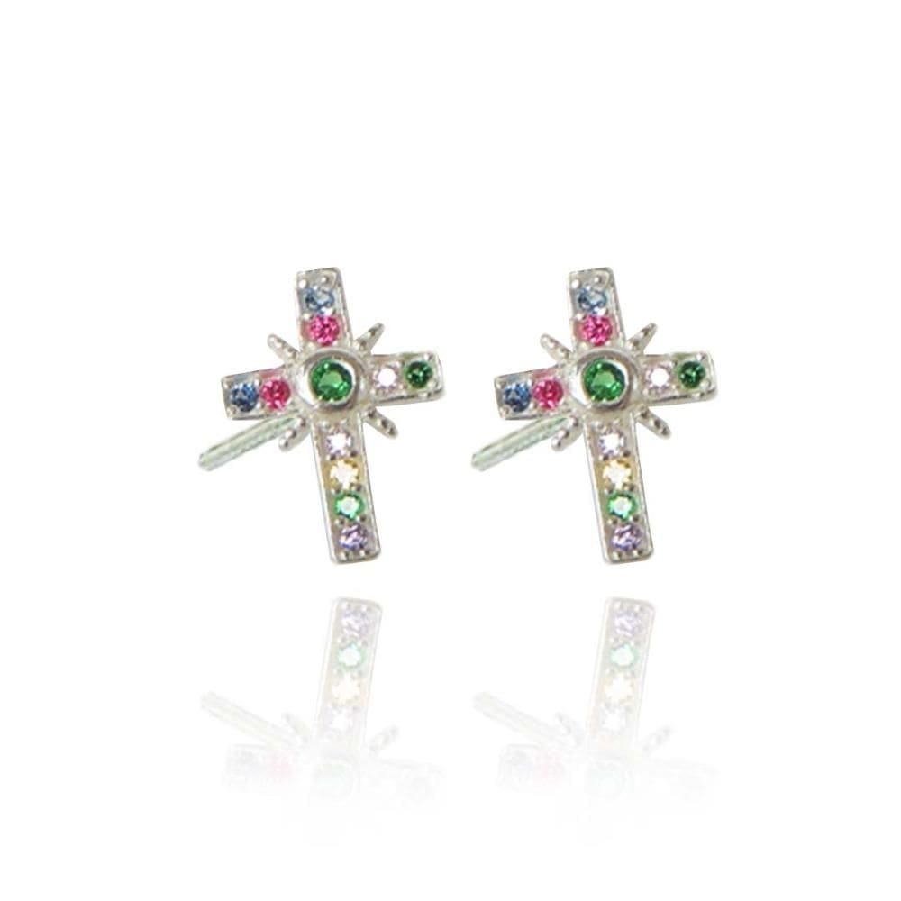 Brinco De Cruz Com Zircônias Coloridas Em Prata 925 [F027]