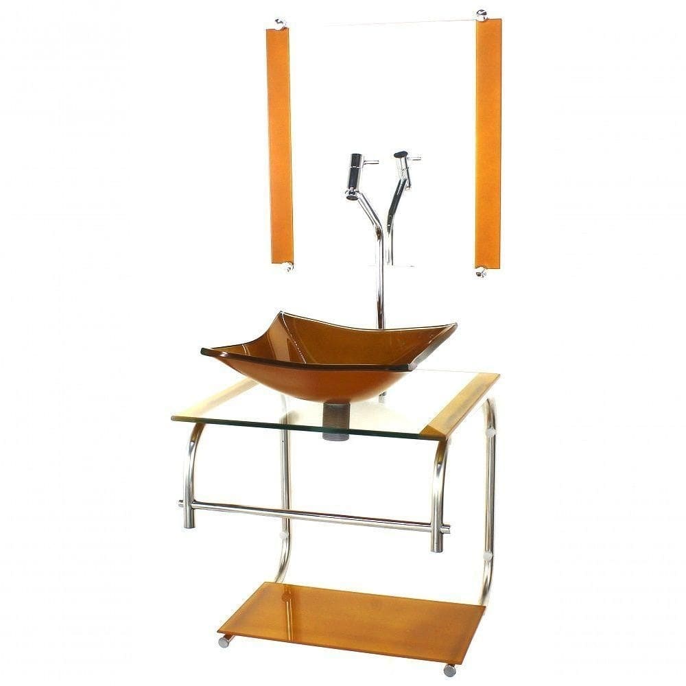 Gabinete De Vidro Para Banheiro 40cm Inox Cuba Quadrada Com Sifao E Torneira Metal Cor:dourado Real