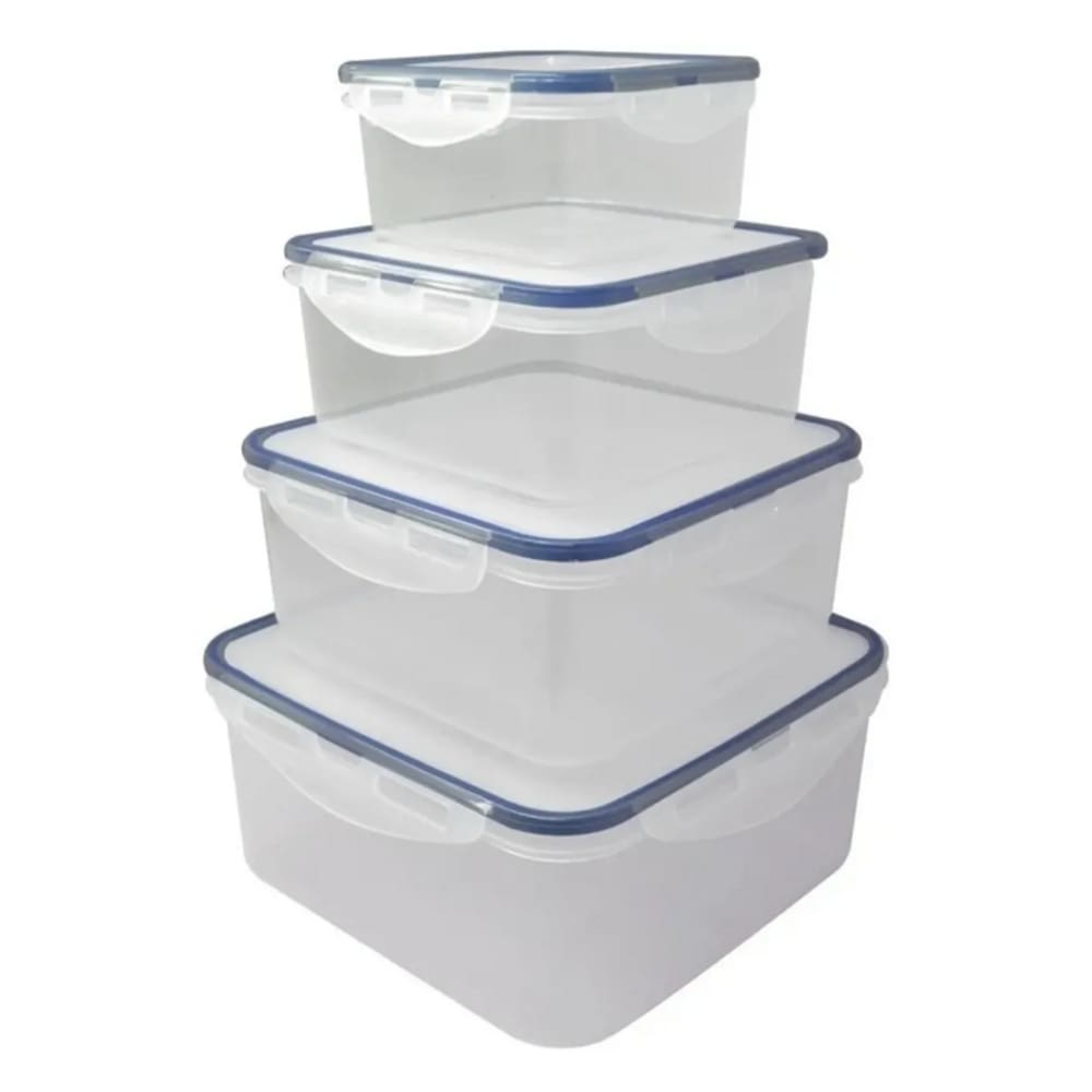 Conjunto 4 Potes Quadrados De Plástico Com Trava E Silicone