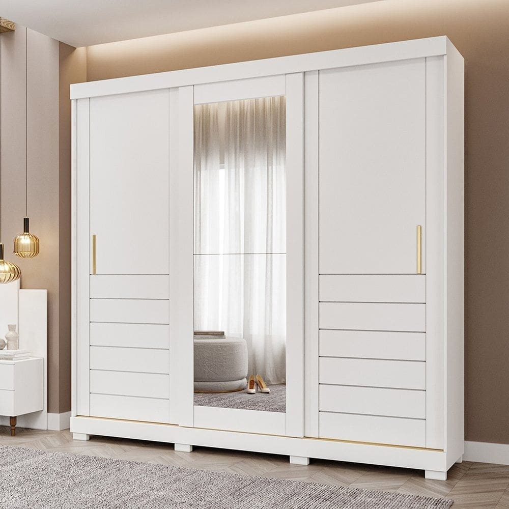 Guarda-roupa Casal 3 Portas de Correr 6 Gavetas com Pés 100% Mdf Boston Espresso Móveis Branco Brilho