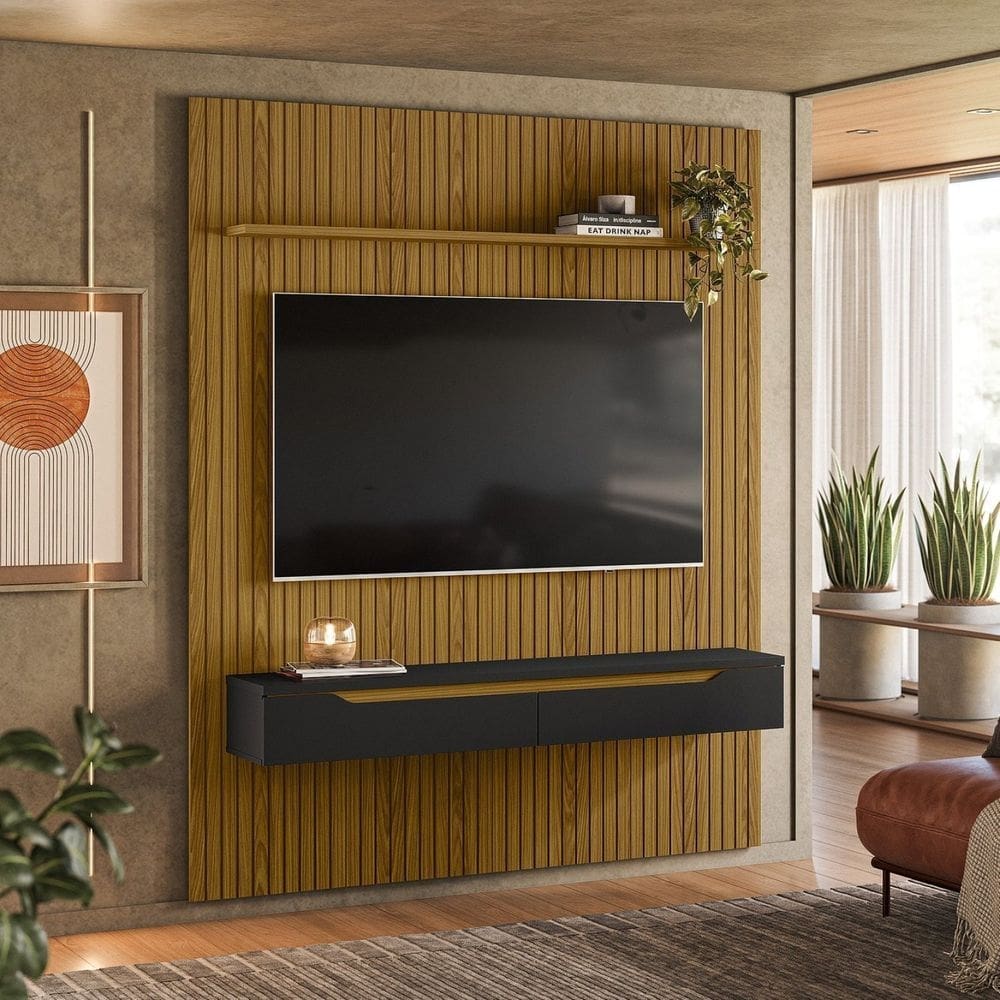 Painel para Tv até 65 Polegada Ripado Frizz Duetto Cedro Frj ac Preto ac